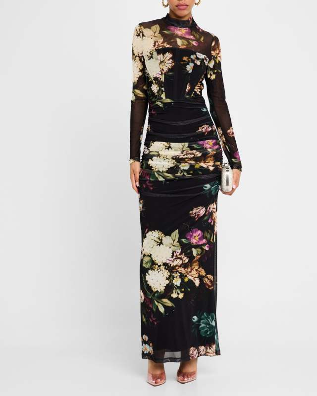 Lexington Ruched Floral-Print Mesh Gown